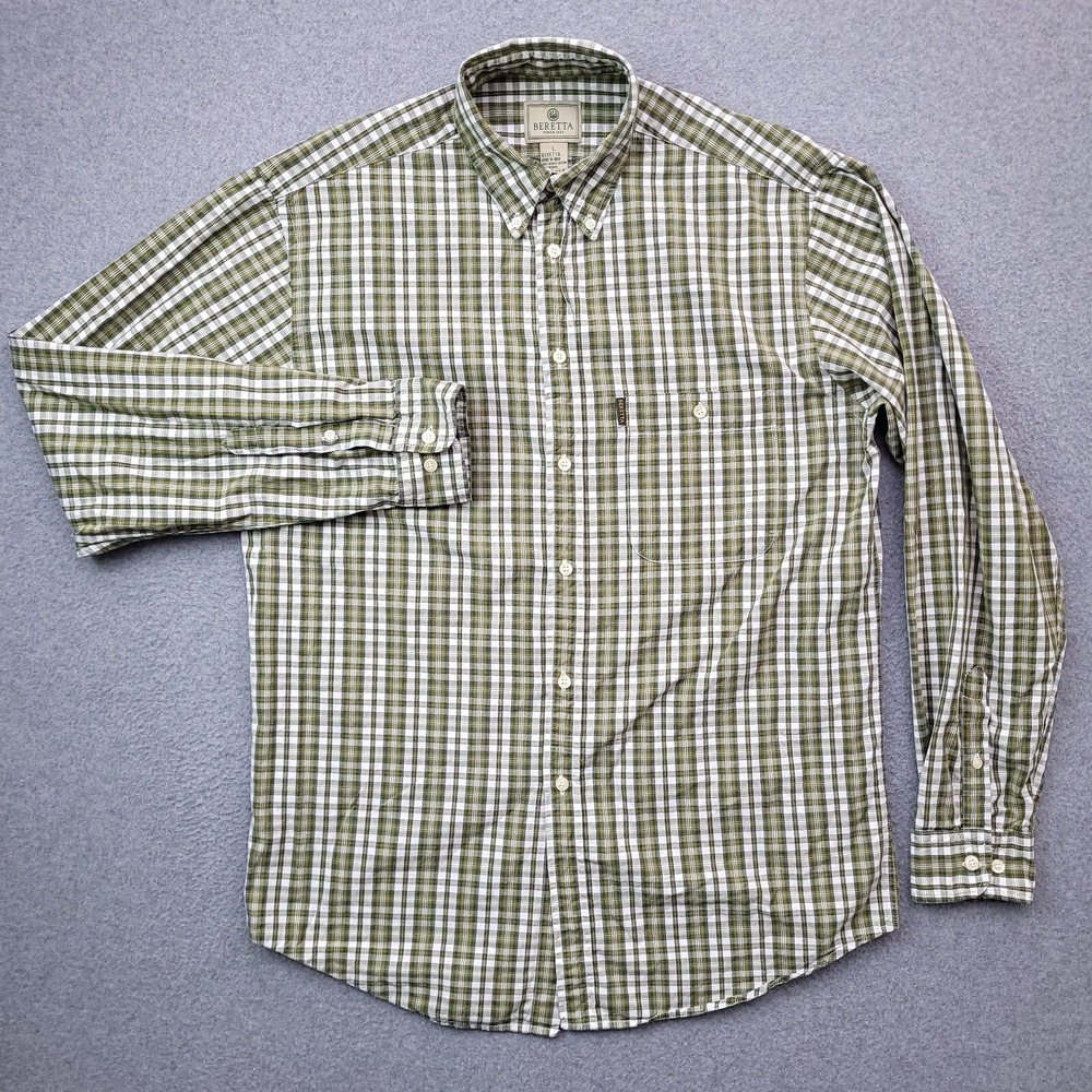 Beretta Button Down Shirt Large Long Sleeve Green Plaid Pocket Cotton Logo Mens
